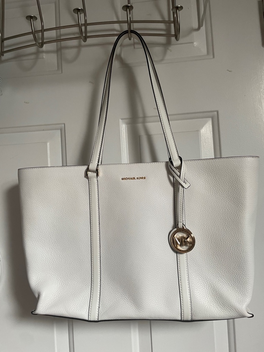Michael Kors White Pebbled Leather Tote with Gold Logo Charm